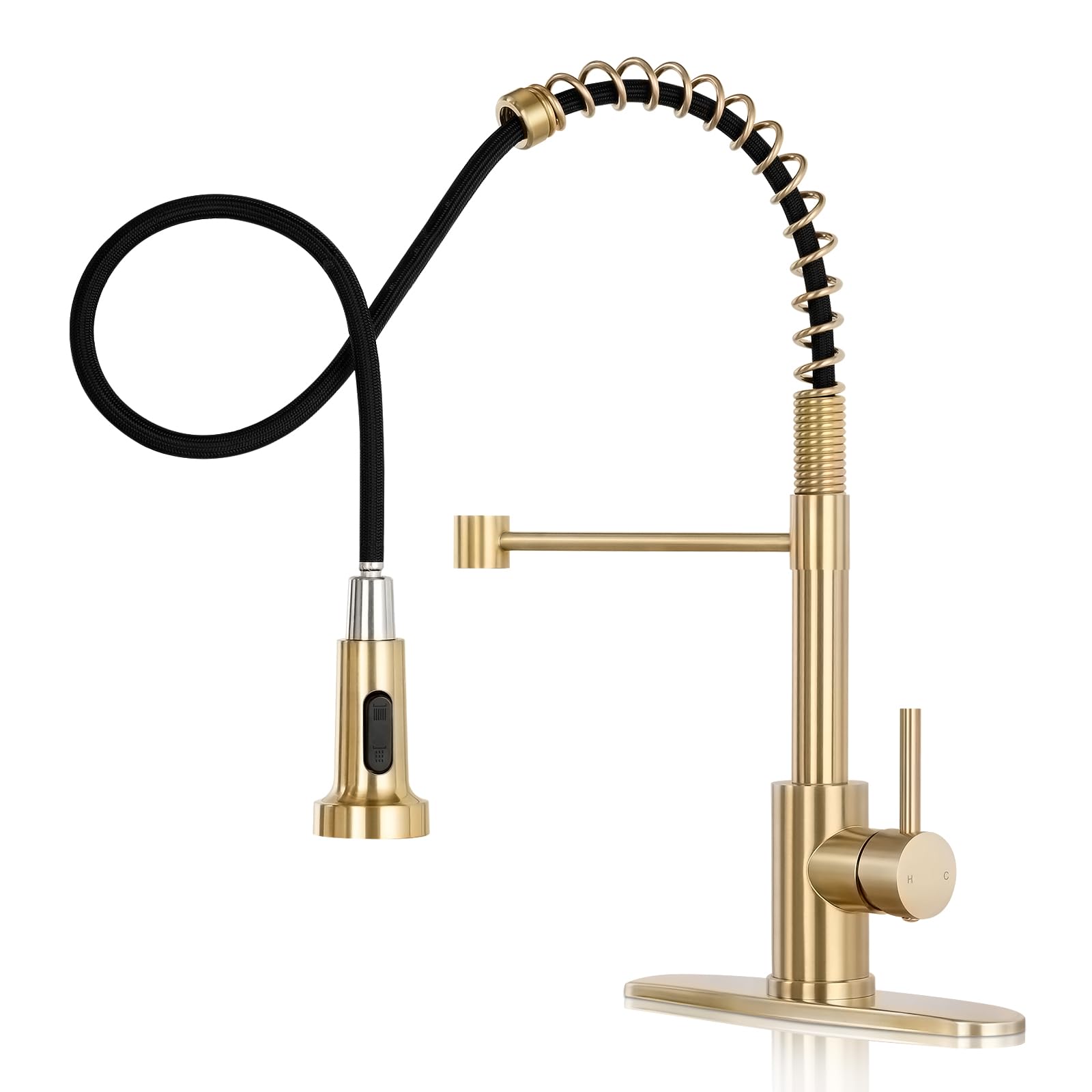 Djs Kitchen Faucets With Pull Down Sprayer Brushed Gold -Single Handle 1 Or 3 Holes Spring Kitchen Sink Faucet With Deck Plate For Farmhouse Rv Vessel Basin