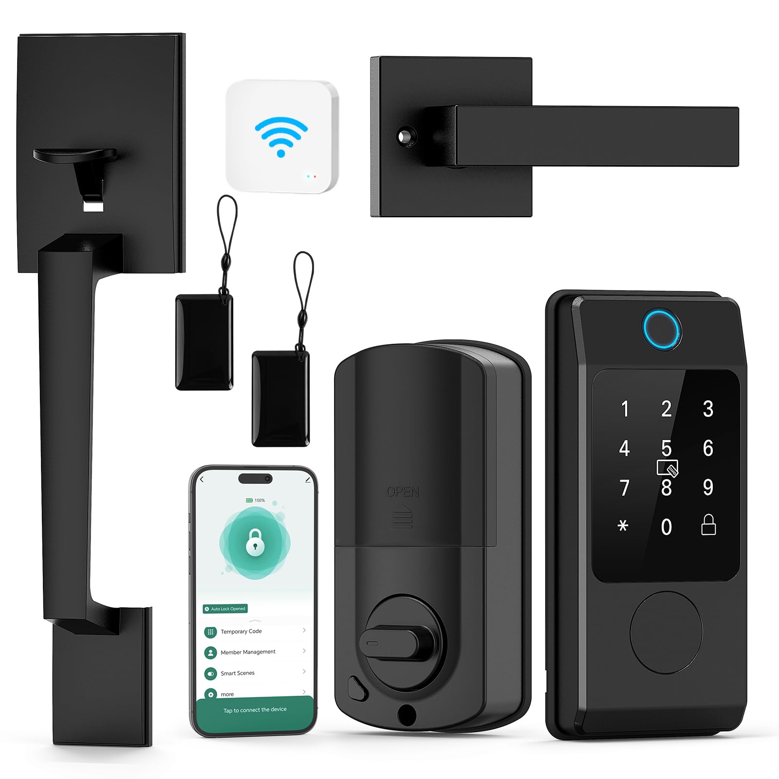 Miuedo Wifi Front Door Lock Sets With Handle, Fingerprint Keyless Entry And Smart Keypad With Lever Handles, Electronic Screen+Wifi Gateway, App Control, Auto-Lock, Voice Control