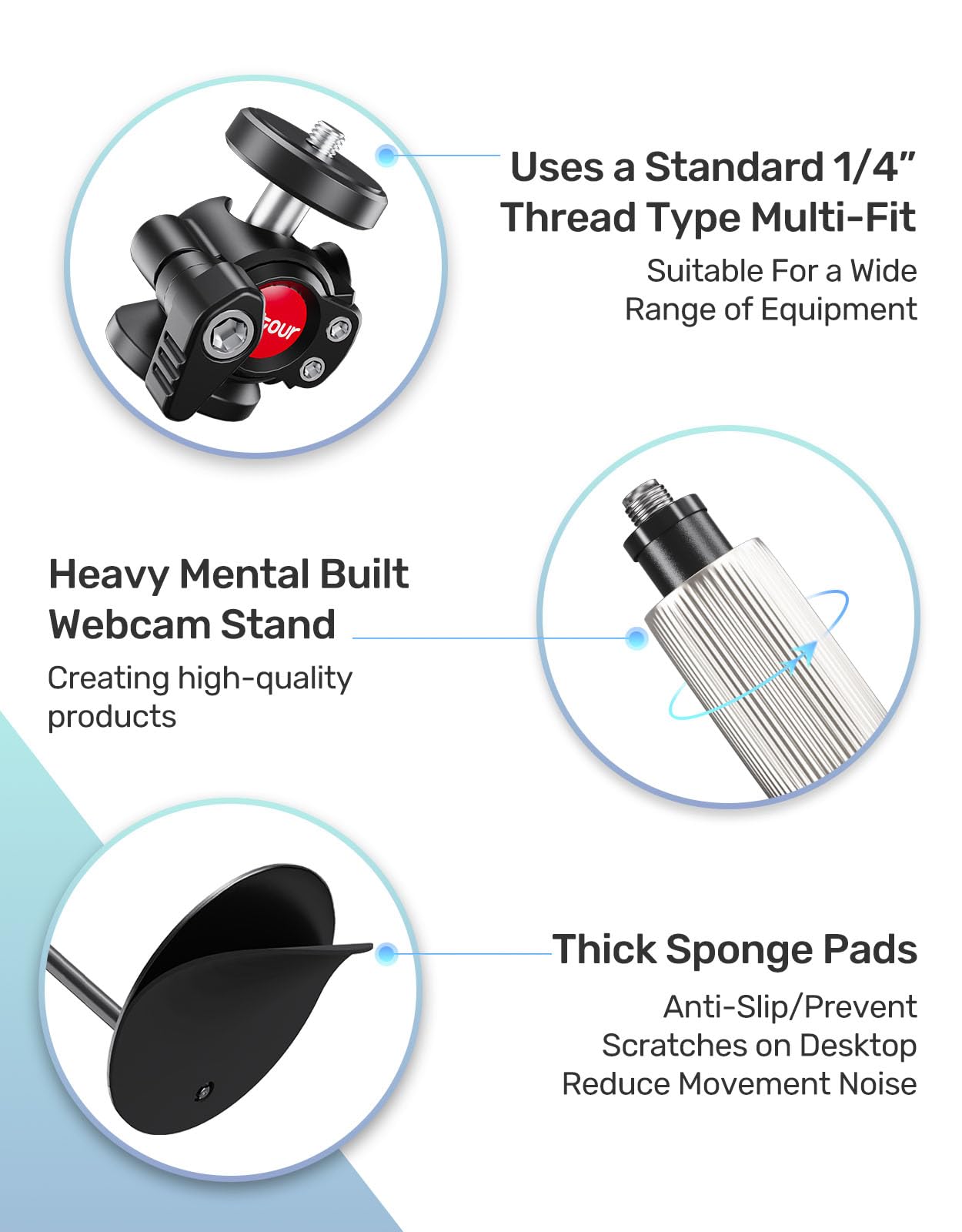 Etour Webcam Stand For Desk, With 360° Ballhead, Heavy Base Height Adjustable Webcam Tripod For Logitech Webcam C922 C930E C920 C615 C960 C920X Brio 4K Nexigo N60, Phone Mount, Gopro With 1/4" Thread