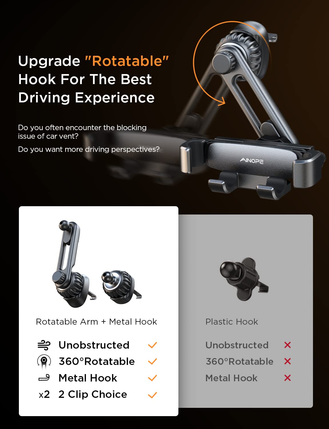 Ainope Car Phone Holder Mount  Gravity Phone Mount Holder For Car Vent With Extention&Short Air Vent Clip Never Blocking Cell Phone Holder Compatible With Iphone 16 Pro Max 15 14 13 More, Black