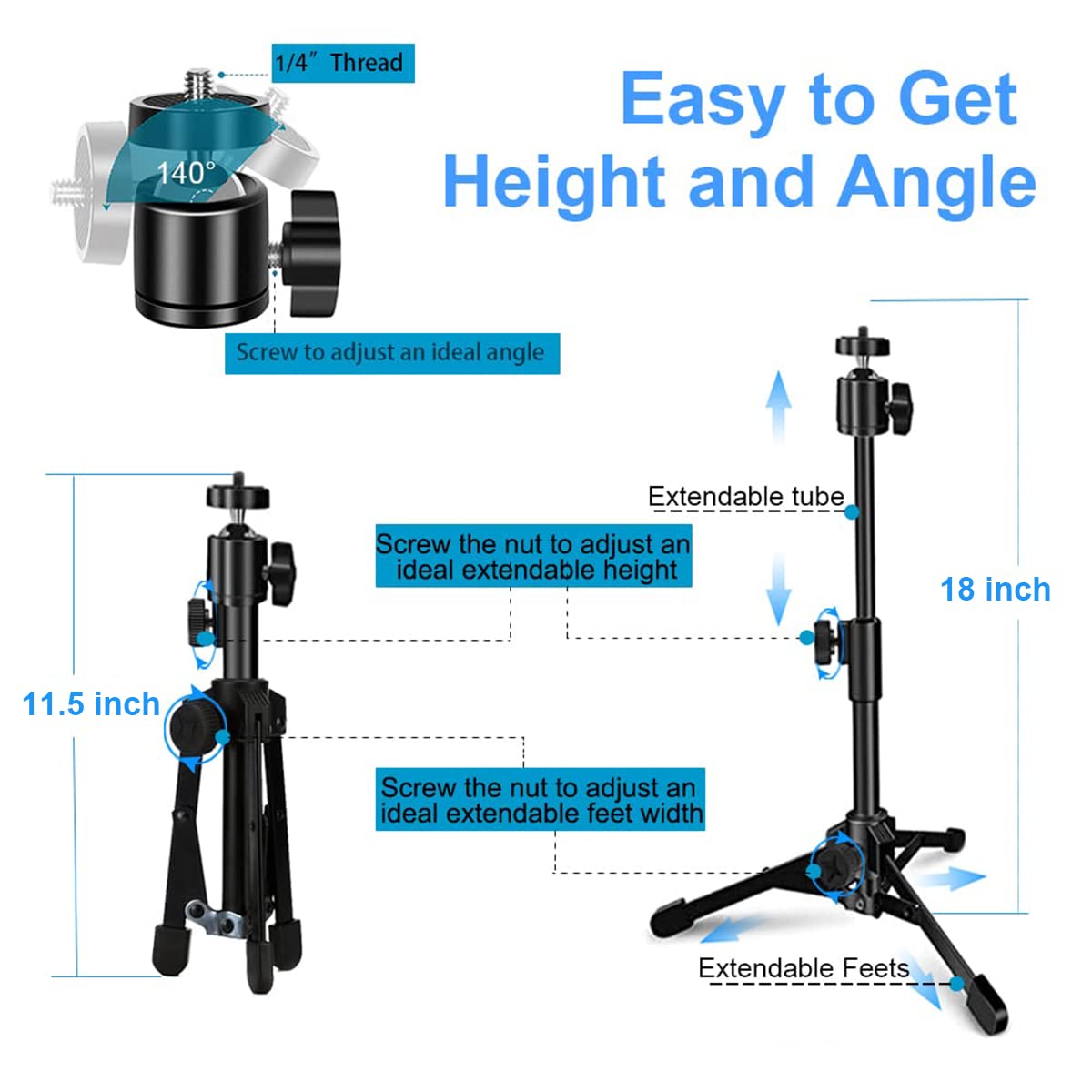 Jcwiny Webcam Tripod Stand Extendable Desktops Tripod For Camera/Phone/Webcam, Desk Tripods Webcam Mount Holder Compatible With Logitech Webcams C925E C922X C922 C930E C930 C920 C615 /Iphone/Ring Light