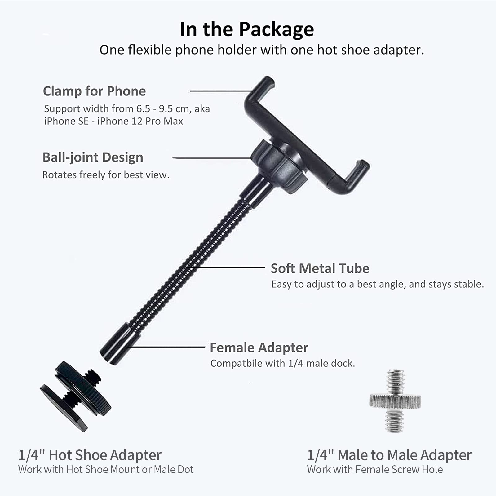 Kuaguozhe [2-Pack] Phone Holder For Ring Light And Tripod Stand With 1/4 And Hot Shoe Adapter, Flexible Phone Tripod Mount Adapter (Black+Black)