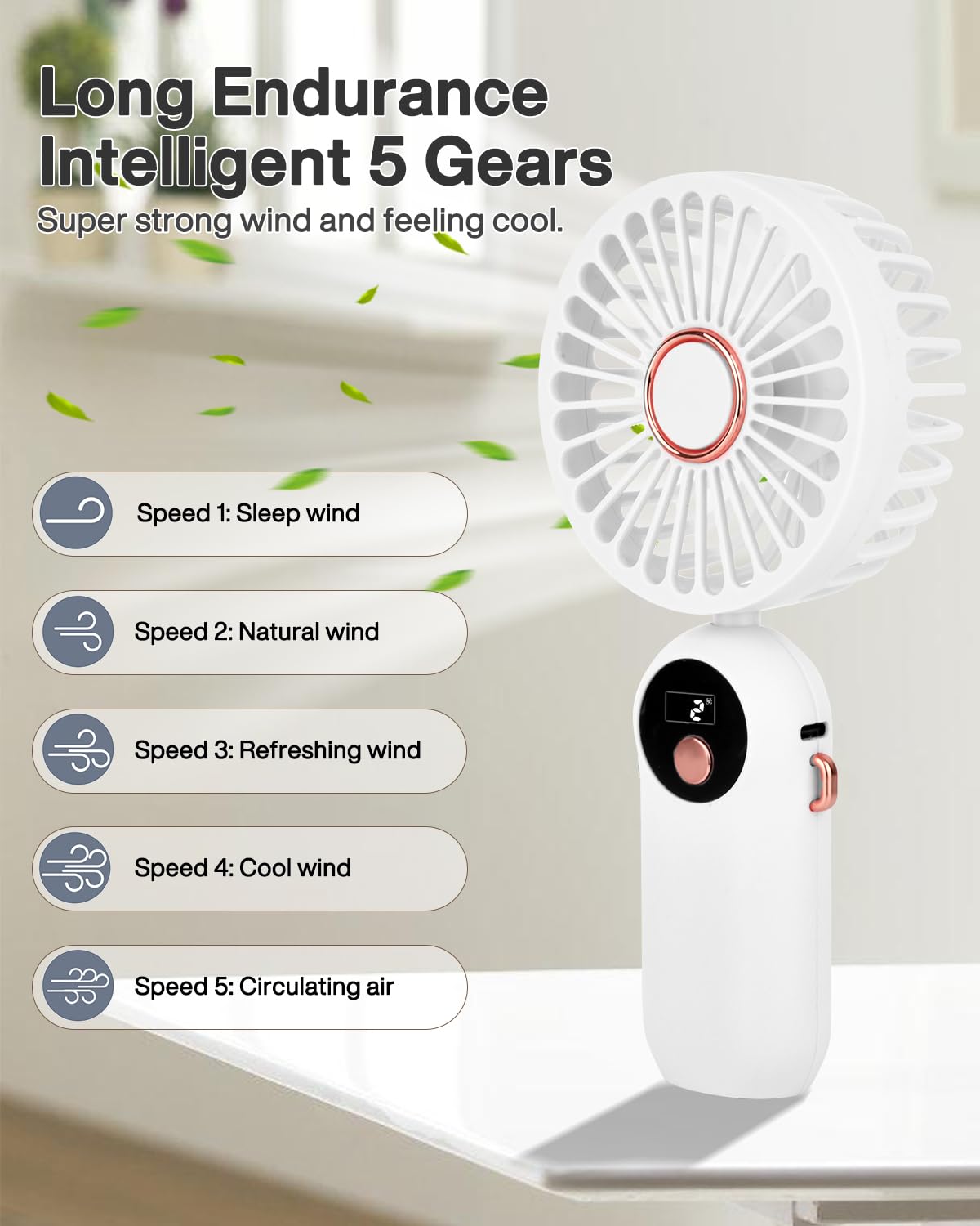 Handheld Fan, White Portable Fan Mini Desk Fan 90 Degrees Foldable 5 Speeds Standing With Base