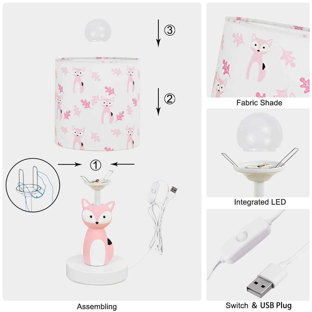 Lampwell Fox Led Table Lamp With Usb Port Dc5V,Pink Kids Table Lamp,Night Light For Kids Room,Nursery,Bedroom,Kitchen Counter,Gameroom,Φ5.91×H12.88In,Hand-Made