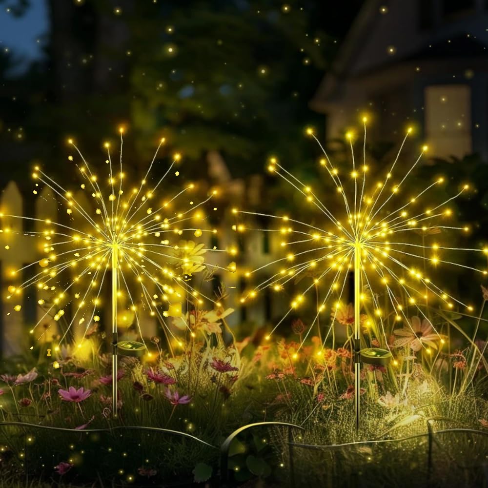 Hshine 2-Pack Solar Firework Lights Garden Decorations,150 Leds Outdoor Sparkler Fairy Lamps With 8 Modes, Waterproof Landscape Yard Pathway Christmas Decor