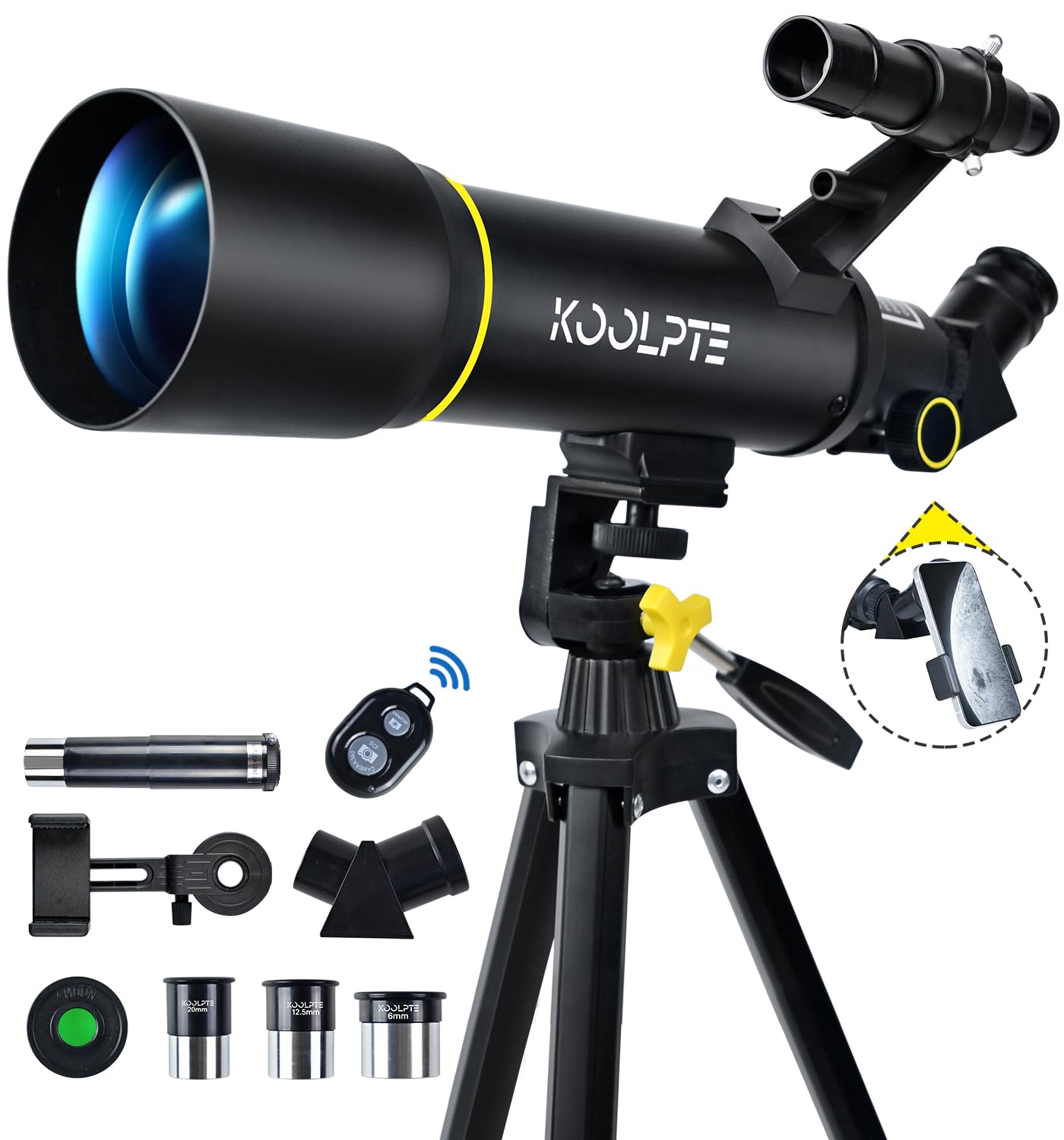 Koolpte Telescope, 70Mm Aperture 400Mm Az Mount Astronomical Refracting Telescopes (20X-200X) For Kids & Adults, Portable Travel With Tripod Phone Adapter, Remote Control, Easy To Use, Black