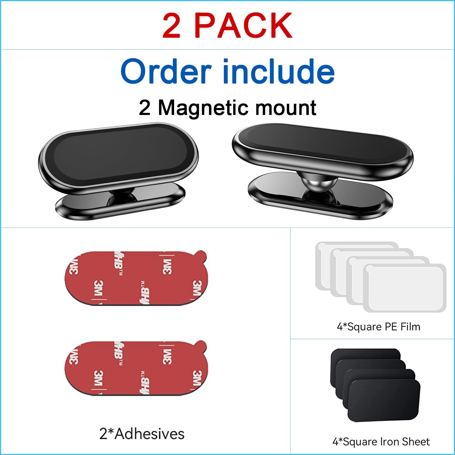 Coolpow 【2-Pack】Magnetic Phone Holder For Car, [ Super Strong Magnet ] [ With 4 Metal Plate ] Cell Phone Carmount For Iphone Magnetic [ 360° Rotation ] Universal Dashboard Adhesive Car Magnetic Phone Mount