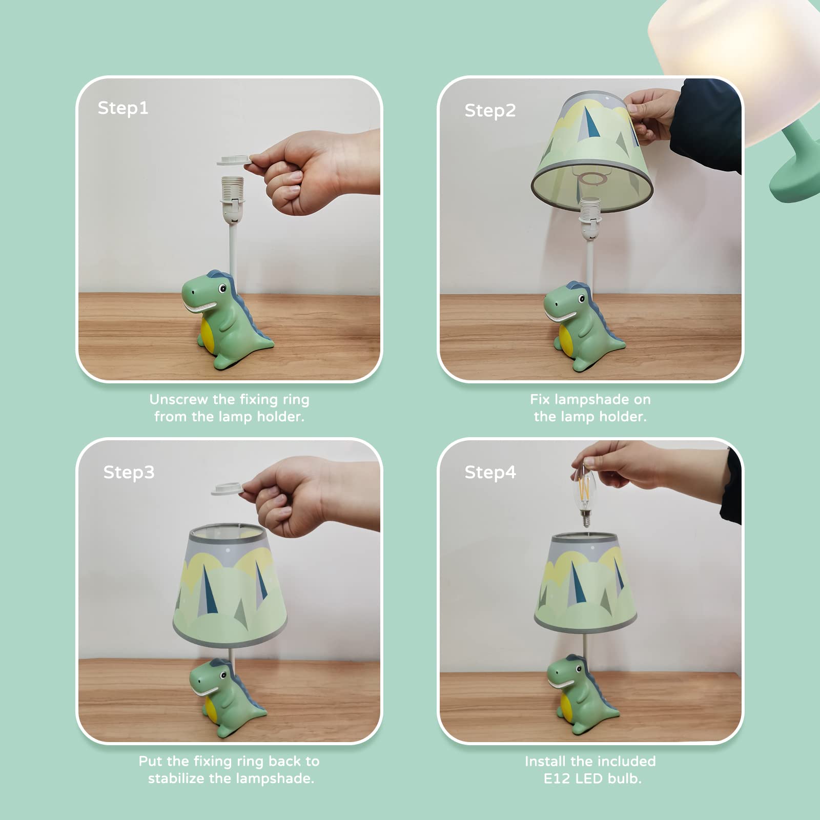 Herbestbay Kids Table Lamp, Dinosaur Lamp Design Bedside Table Lamp, 13 Inch Tall Desk Lamp With Barrel Lampshade For Boys Bedroom Décor, Come With An Led Bulb (Green Dinosaur)