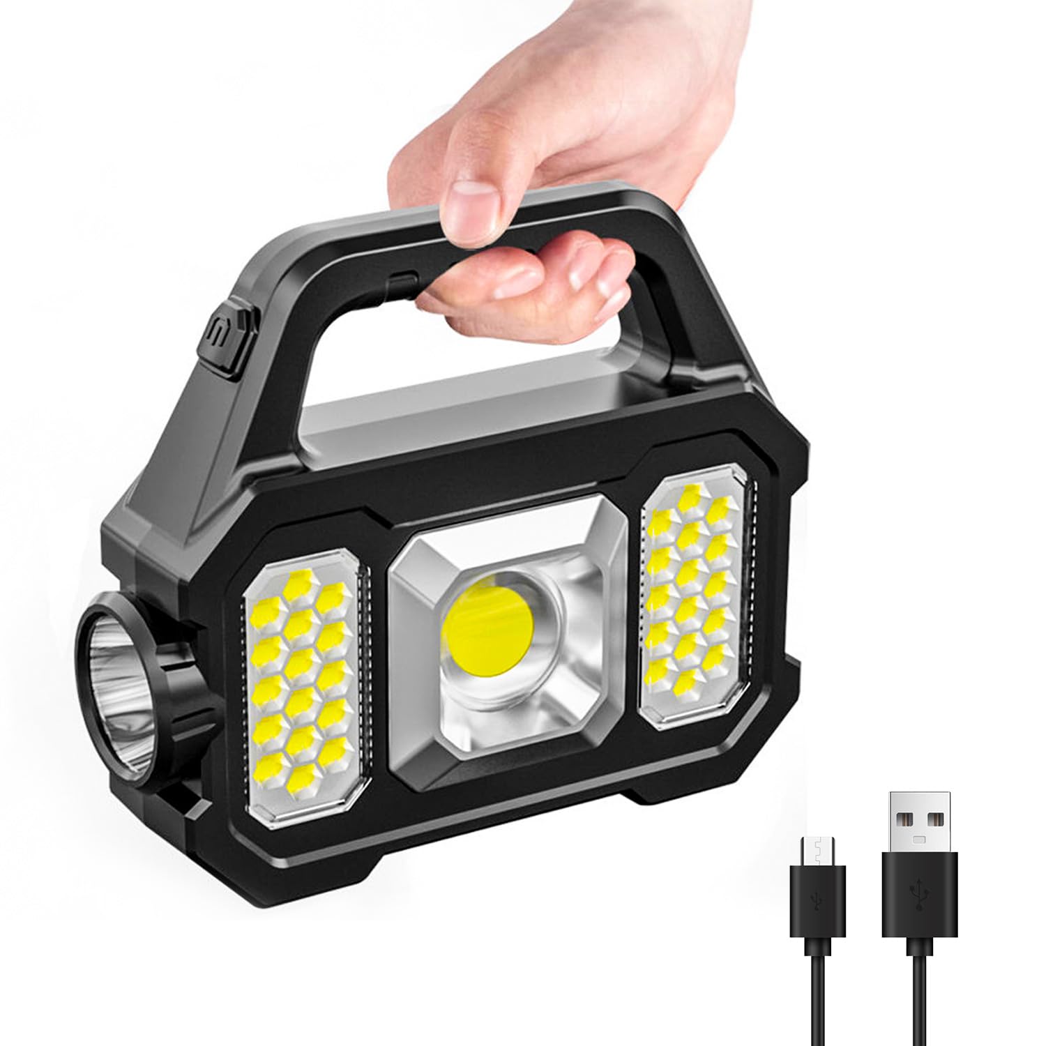 Sjpro Solar Handheld Flashlight With Usb Cable, 6 Modes Rechargeable Multifunction Lights Super Bright Led Searchlight, Lightweight Waterproof Portable Spotlight For Fishing Outdoor Camping Emergencies