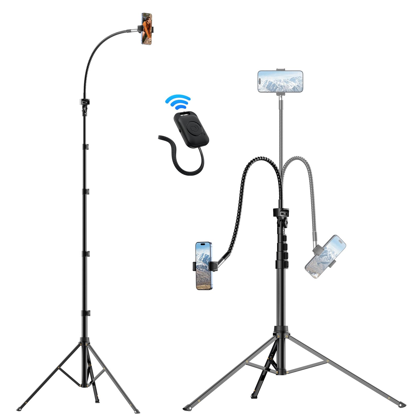 Vimose Tall Phone Tripod, 86" Flexible Phone Stand With 15" Gooseneck And Remote, Overhead Tripod For Iphone, Heavy Duty Stable Stand & Selfie Stick For Recording, Live Streaming, Cooking, Vlogging, Fitness