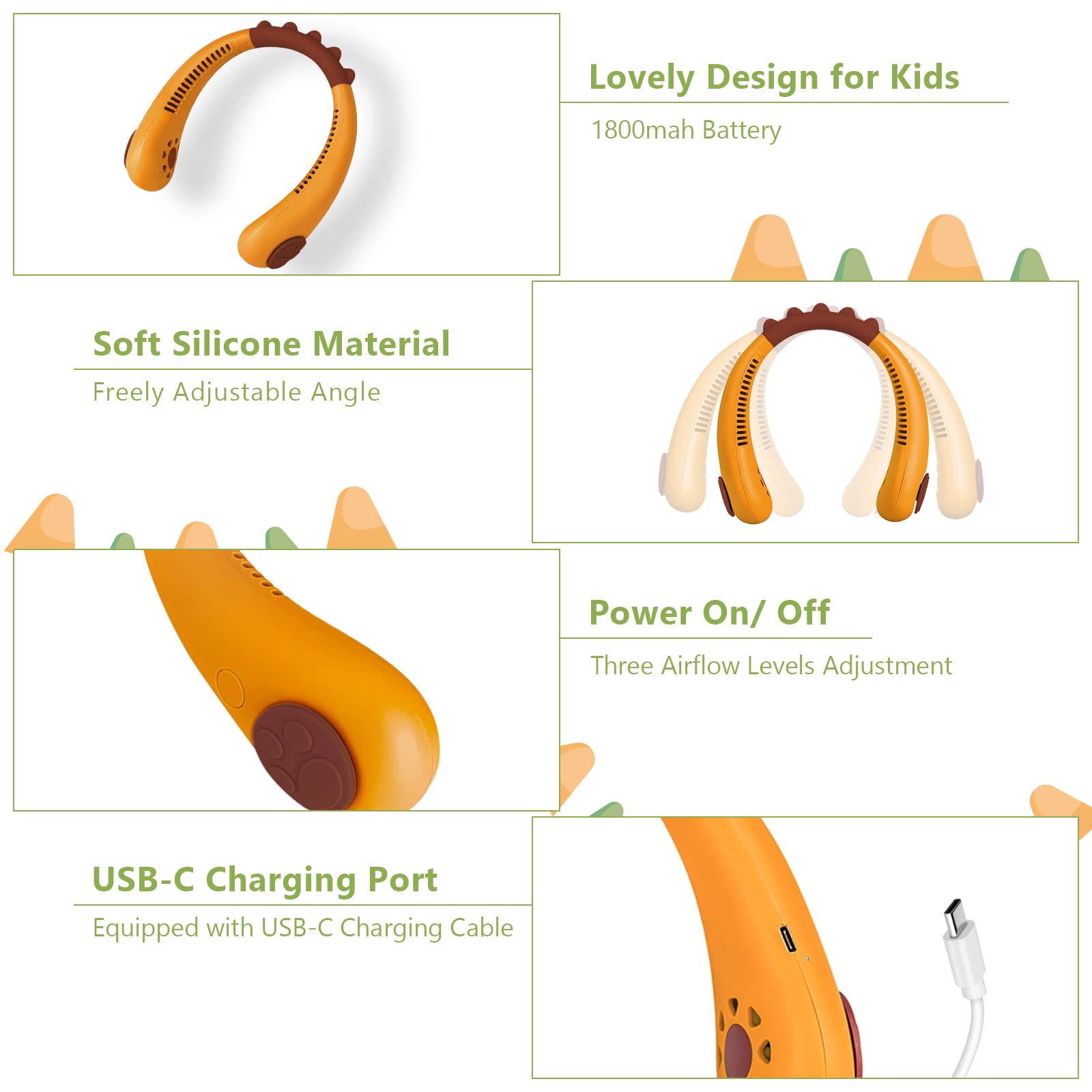 Portable Neck Fan For Kids, Rechargeable, Personal Cooling Mini Fan, Wearable Bladeless Fan, 3 Speed