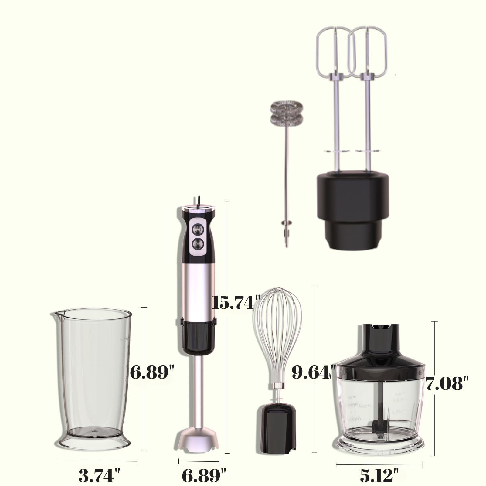 Govnpj Immersion Blender Handheld, 6 In 1Hand Blender 600W 12 Speed Mode Stainless Steel Hand Mixer With Stirring Stick Stranded Cup Egg Beater Measuring Cup Frother Double Egger