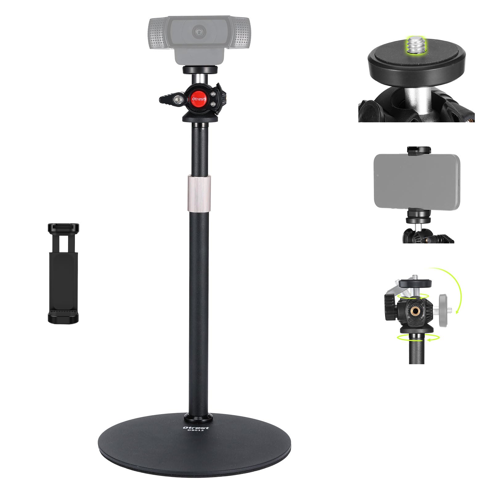 Otrest Webcam Stand For Desk W/Phone Mount, 360° Ballhead, 1/4" Thread Compatible With Logitech Brio C920, Height Adjustable Heavy Base Desktop Webcam Holder For Tiktok/Youtube Live Stream, Ds012
