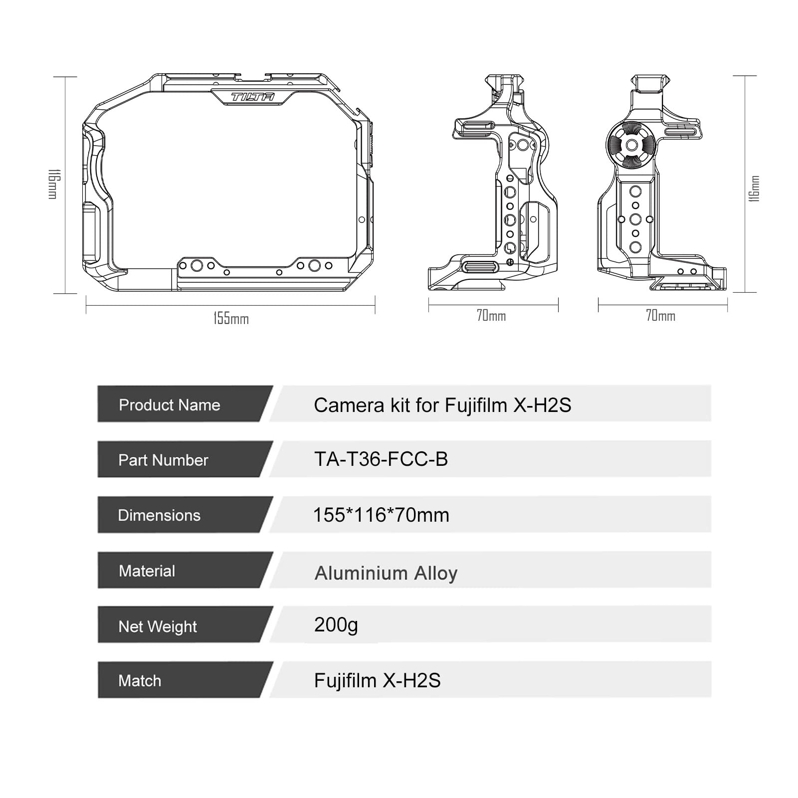 Tilta Full Camera Cage Compatible With Fujifilm X-H2S / X-H2, Custom Designed, Mount Accessories Via Nato Rail, Rosette, Cold Shoe, And 1/4"-20 Threads, Ronin Ready (Full Camera Cage)