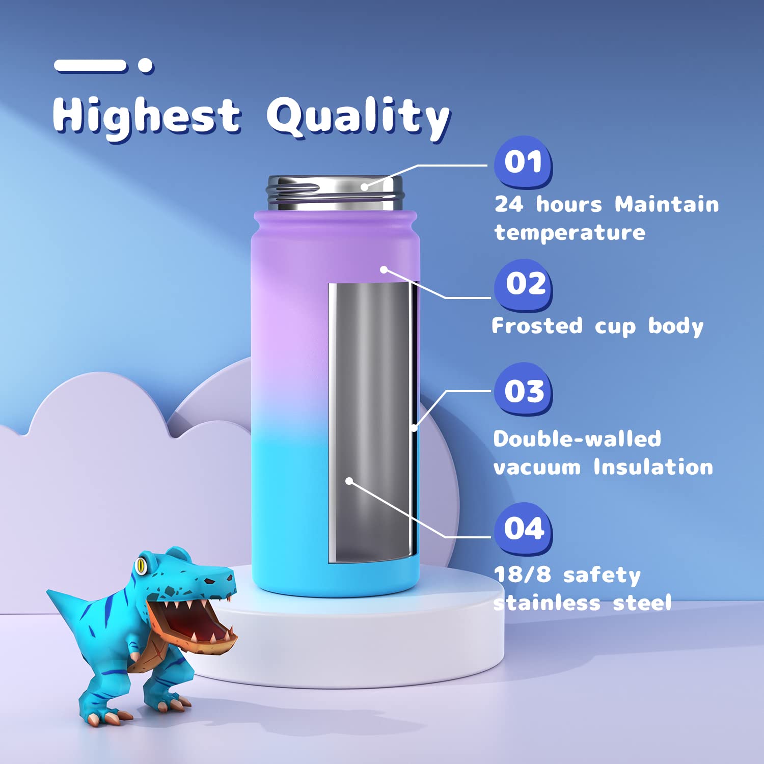 Kids Water Bottle, 2-Pack 16Oz Water Bottles With Stickers And Straw, Stainless Steel Vacuum