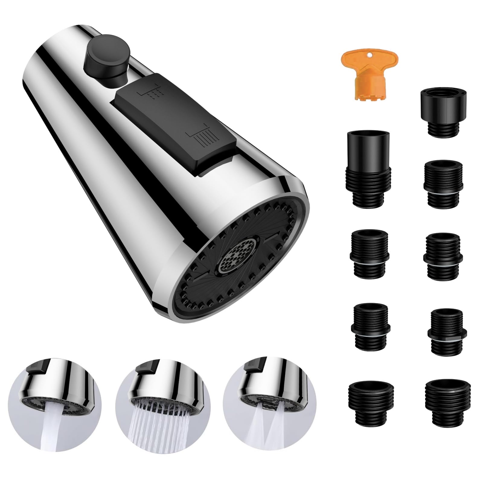 St.Thomas Sanitech St.Thomas Pull Down Kitchen Faucet Sprayer Head Replacement Part,3-Function Kitchen Sink Faucet Head With 9 Adapters,For Moen, Kohler,Delta & American Standard Faucet Extender