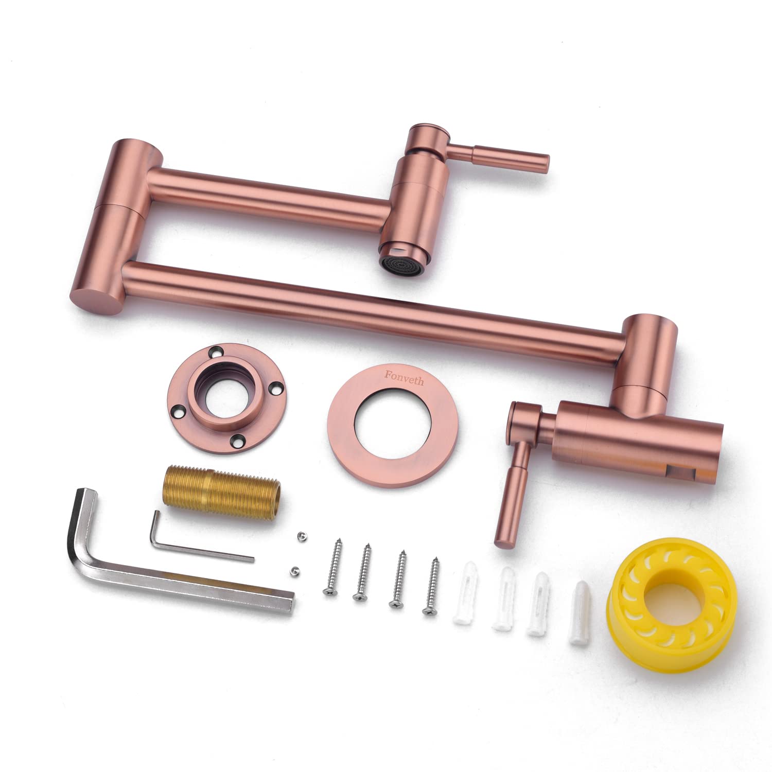 Fonveth Copper Pot Filler Faucet,Brass Pot Filler Wall-Mount,Folding Stretchable Double Joint Swing Arm Single Hole Two Handle Kitchen Sink Pot Filler Faucet Rose Gold