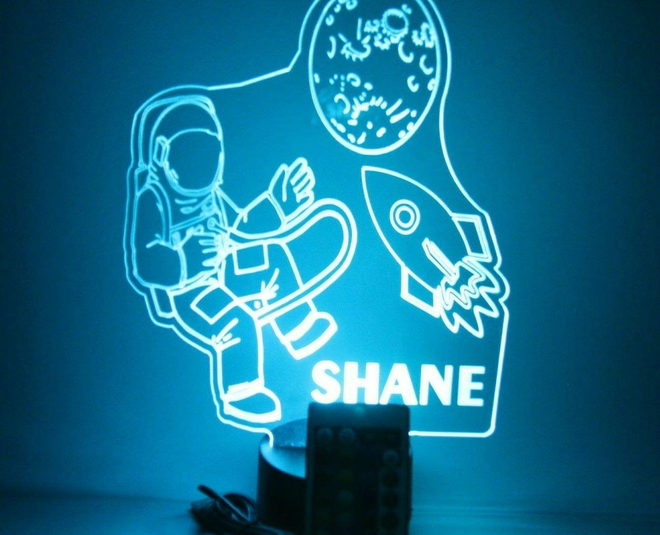 Mirror Mania Outer Space Astronaut Rocket Ship Planet Travel Night Light Up Led Engraved Custom Name Personalized Table Lamp Room Decor With Remote, 16 Color Options, Dimmer, It'S Wow, Great