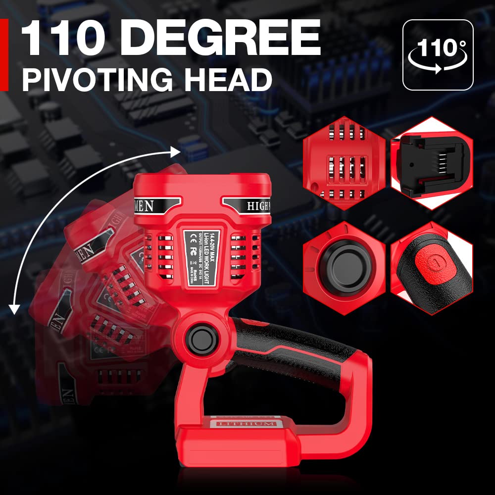 Dteztech 12W 1120Lm Led Work Light For Milwaukee 18V Lithium-Ion Battery, Rechargeable Flashlight Spotlight With Usb Port, 18V Tool With Red Night Vision Light…