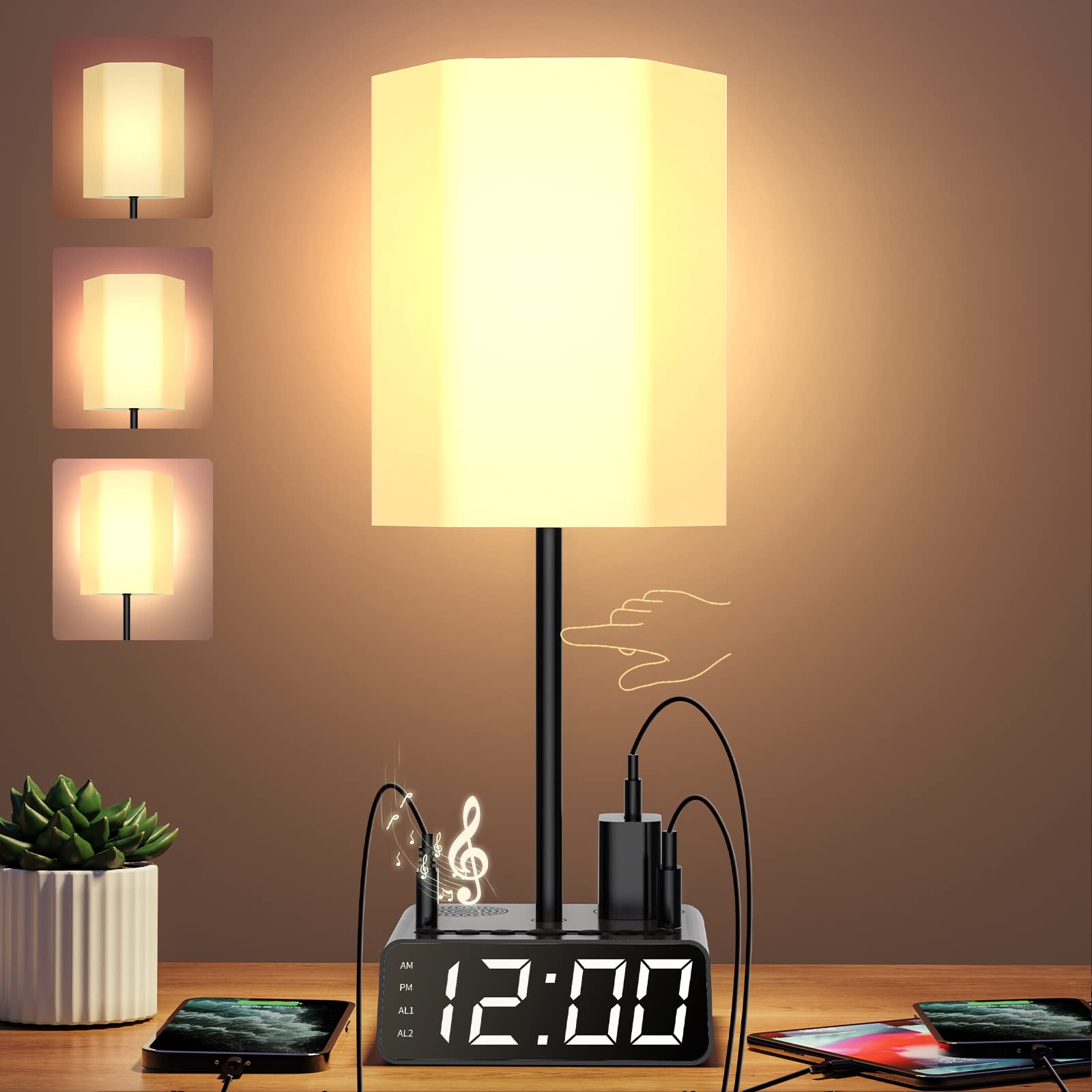 Sussex Table Lamp With Alarm Clock, Charging Station, Usb C & A, Ac Outlet Ports, Speakers, Radio - Power Outlet With Touch Control 3-Way Dimmable Nightstand Lamp For Kids Study Room, Bedroom