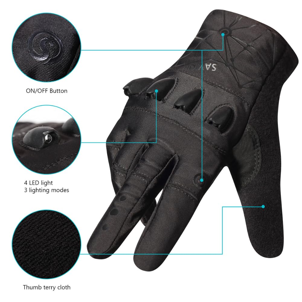 Maxgab Anti-Slip Full Finger Led Flashlight Gloves For Walking/Cycling/Running/Fishing/Out Door Activites Day Or Night/Christmas Stocking Stuffers For Men. (1-Pair) Xlarge.