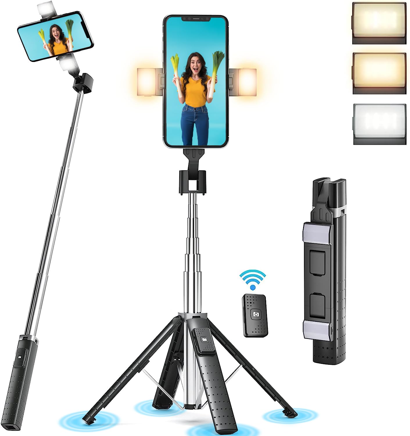 Sanyaa 41” Selfie Stick Tripod Quadrapod With 2 Rechargeable Fill Light, Extendable Tripod With Bluetooth Remote, Stainless Steel, 3 Light Modes, 9 Brightness Levels, Compatible For All Iphone & Android