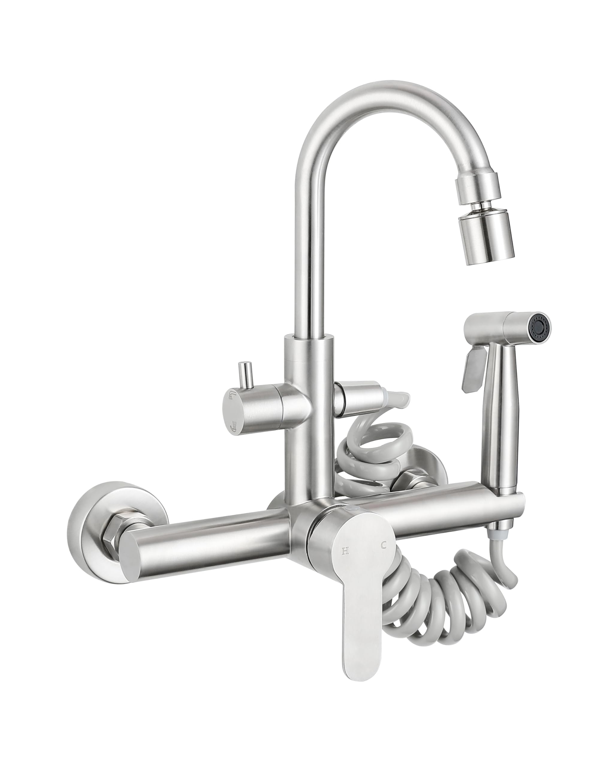 Chomley Stainless Steel Wall Mount Faucet With Sprayer 8 Inch Kitchen Faucet 360° Rotation Foldable Sink Water Taps With Spray And 2 Water Jet, Brushed Nickel