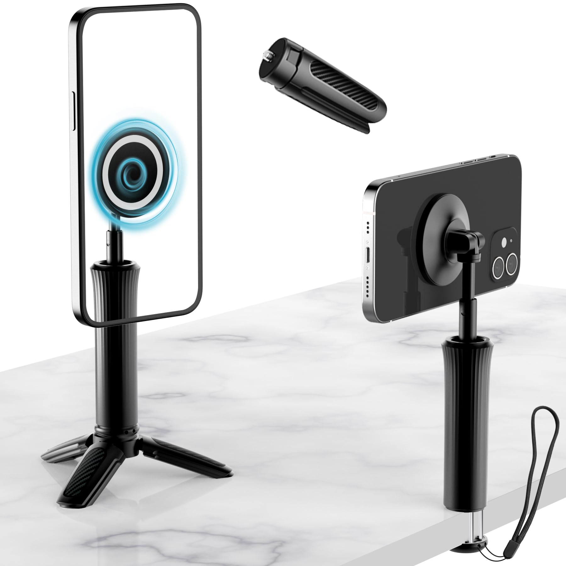 Yc Magnetic Mini Tripod For Iphone, Desk Magnetic Phone Stand With Detachable Tripod & Desk Clamp, Portable For Video Recording/Travel/Selfie, Compatible With Iphone Magsafe & Smartphones(Black)