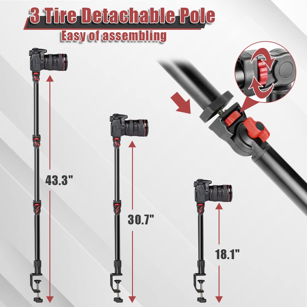 Foutoukeep Overhead Camera Mount With 1/4“ 3/8" 5/8" Screws, Adjustable 3-Section Camera Desk Mount With 180° Range & 360° Base Dslr Camera Stand