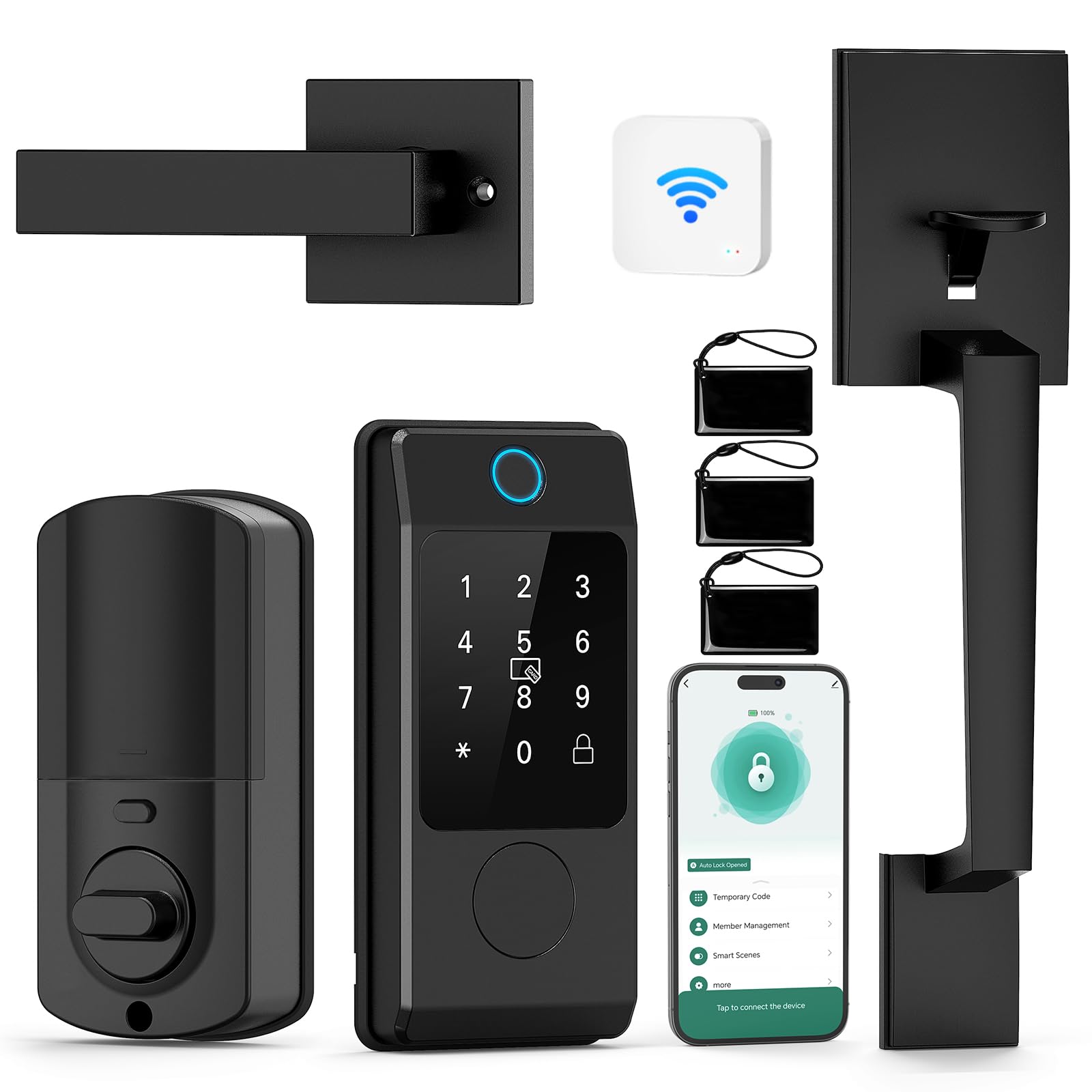 Miuedo Wifi Front Dook Locks Sets, Keyless Entry With Handlesets With Electronic Keypads, Biological Fingerprint Smart Deadbolt, Auto-Lock, Wi-Fi Acess, Gateway Included (Black)
