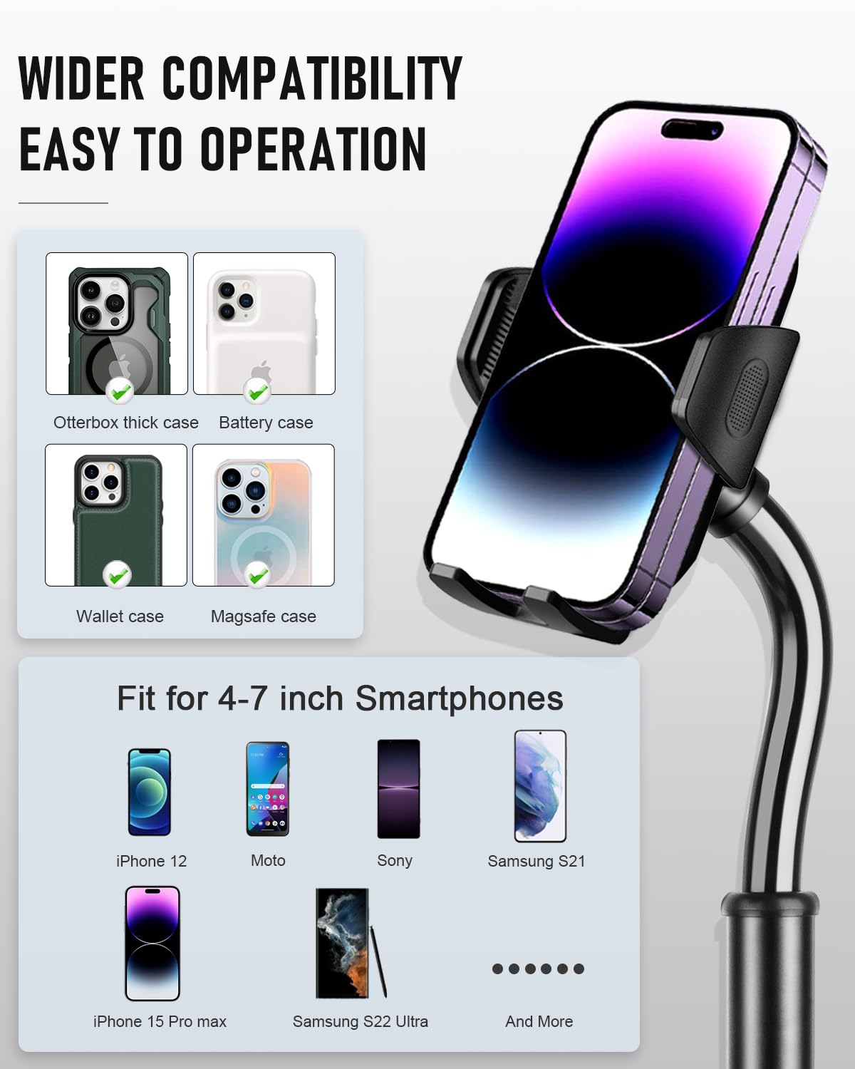 Uncaddn Cup Phone Mount For Car, 2 In 1 Universal Cup Phone Holder For Car, Stretchable Long Neck Car Phone Mount, Hands  360° Rotation Compatible With All Smartphones
