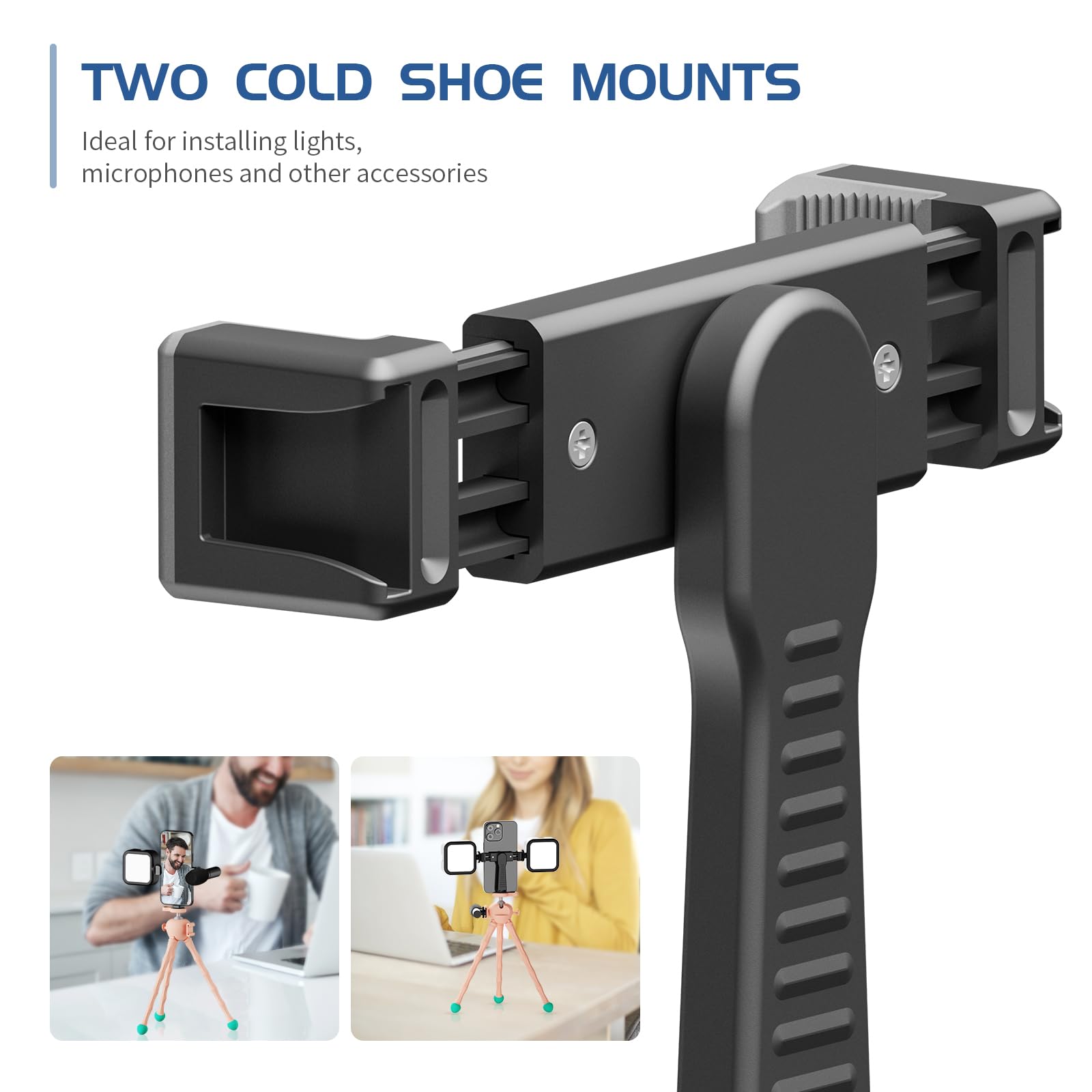 Jishane Phone Tripod Mount, Universal Smartphone Holder With 1/4" Screw And Cold Shoe Adapter, Rotating Cell Phone Clamp For Selfie Stick, Camera Tripod And All Phones