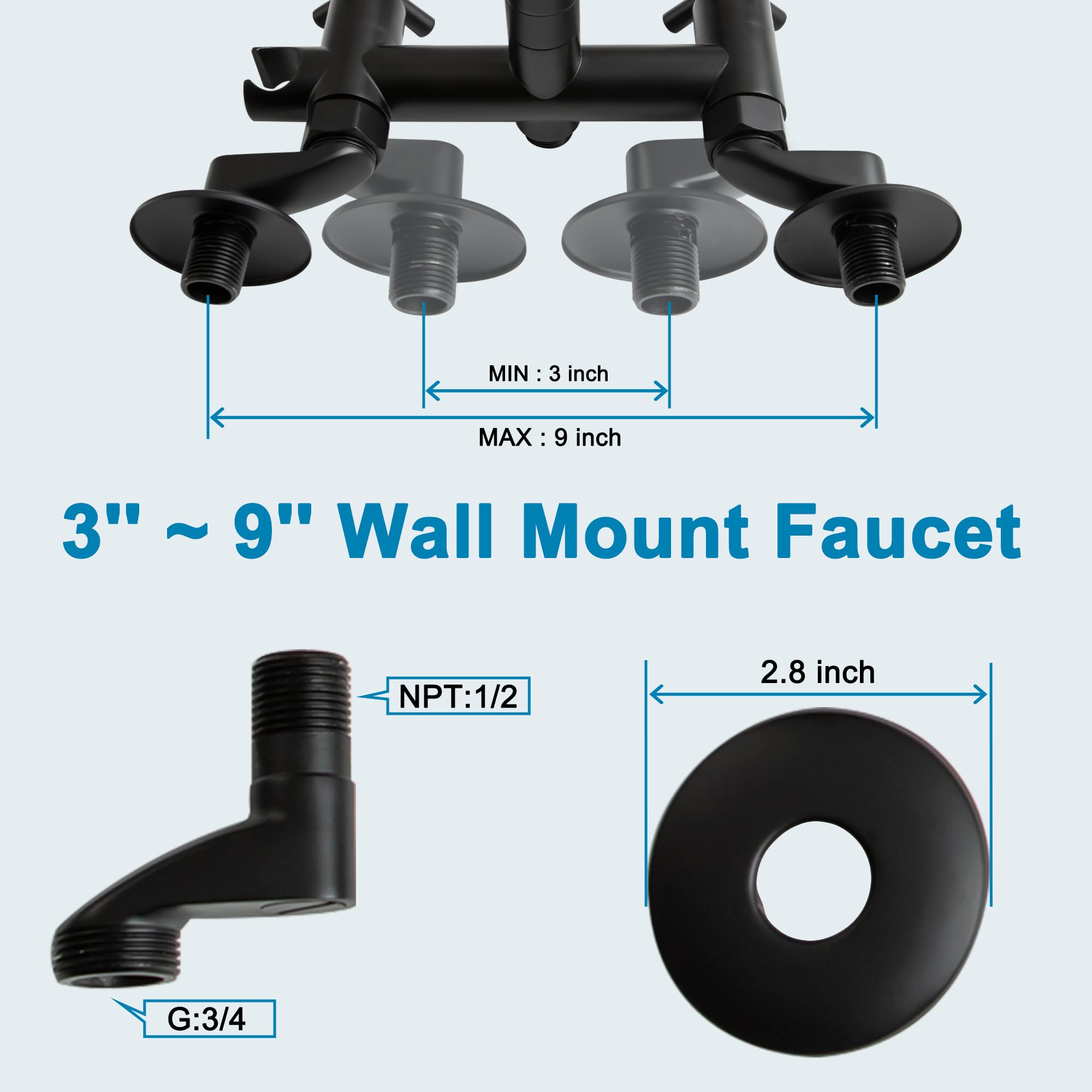 Dolgaba Wall Mount Kitchen Faucet Commercial Pot Filler 8 Inch Center 2 Handles Folding Wall Mounted Faucet For Kitchen Sink With Side Sprayer, Matte Black