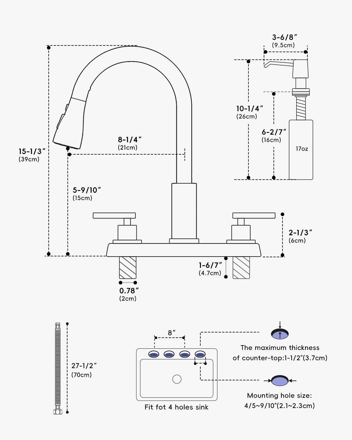 Appaso 2 Handle Kitchen Faucet With Sprayer, 4-Hole Kitchen Faucet With Pull Down Sprayer And Soap Dispenser, High Arc Stainless For 3 & 4 Hole Rv Outdoor Sink, Brushed Nickel