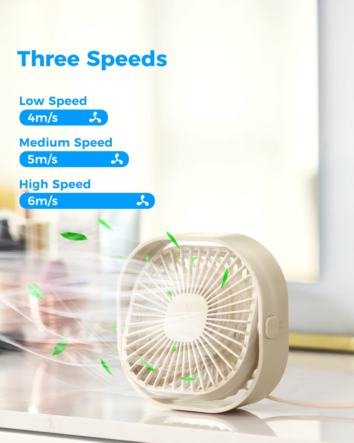 Rjvw 4 Inch Small Usb Desk Fan, 3-Speed Portable & 360°Rotatable Mini Cooling Fan, Usb-Powered