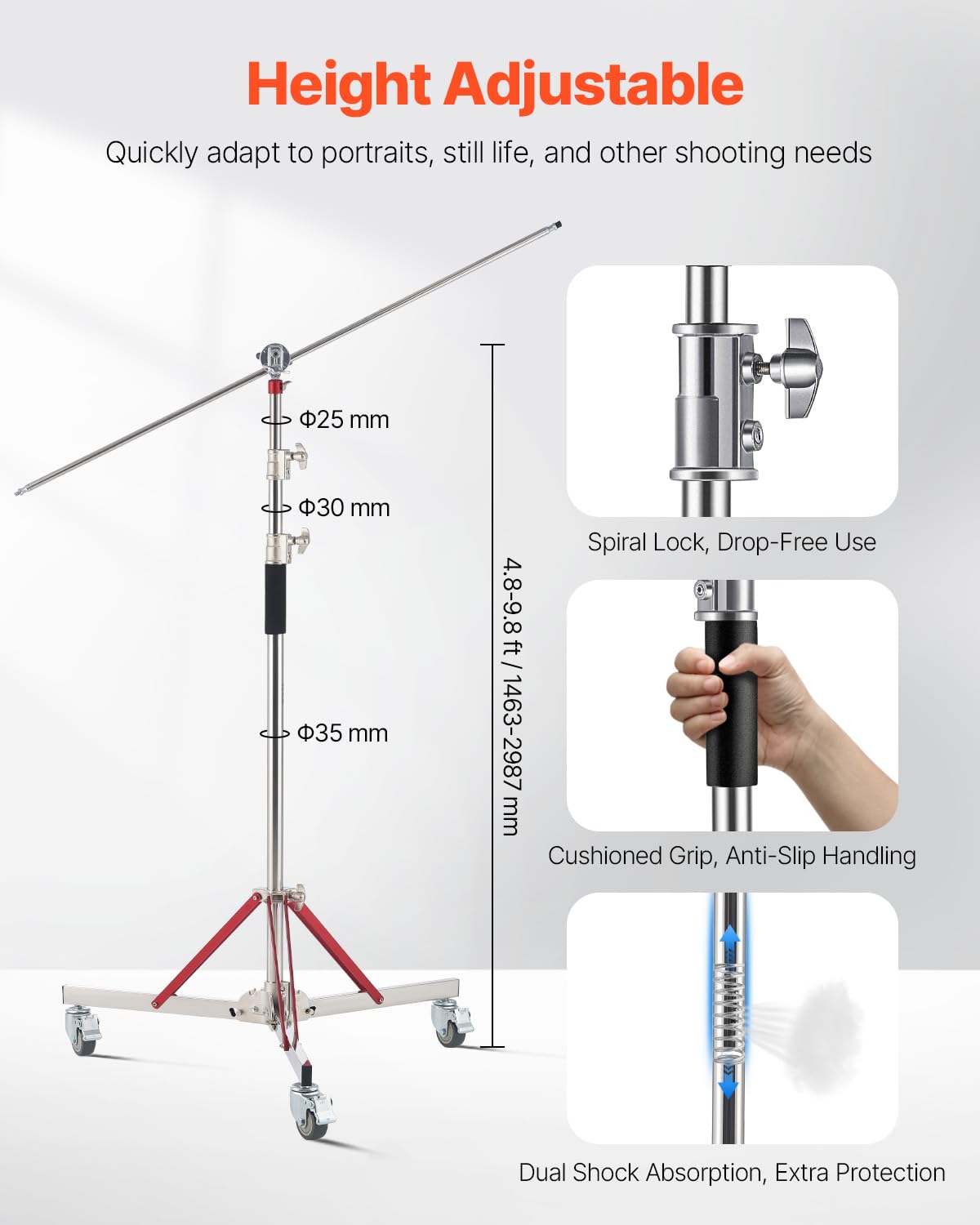 Vevor Heavy Duty Light Stand With Casters, Max Height 10.5 Ft/320 Cm, Adjustable Tripod Stand With Stainless Steel, Photography Wheeled Base Stand, For Studio Softbox, Monolight, Reflector Shooting