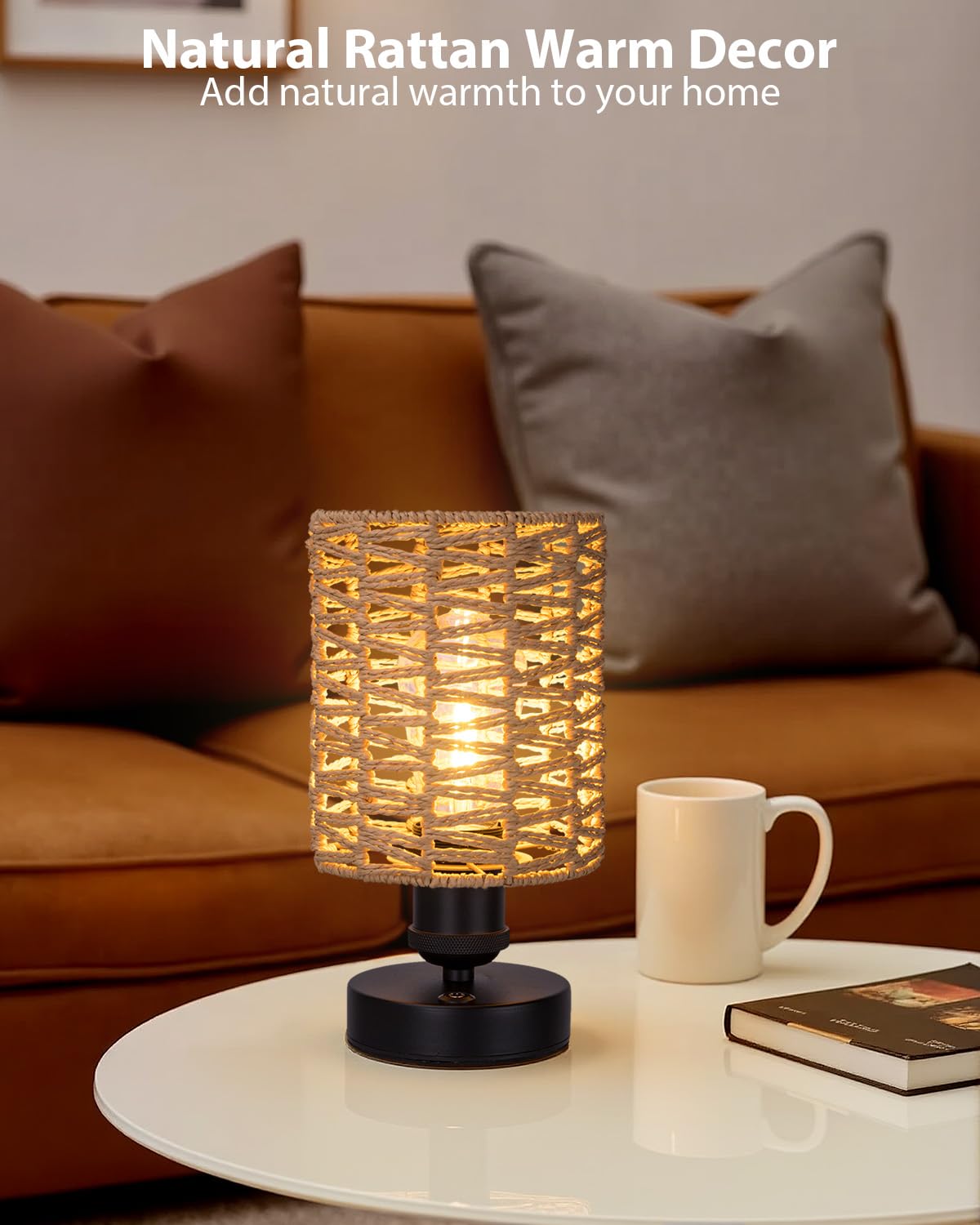 All Fortune Cordless Outdoor Table Lamps, Small Rattan Boho, Rechargeable Battery Operated For Outdoor Patio, Home, Living Room, Bedroom, Bedside - Set Of 2 (Beige-B)