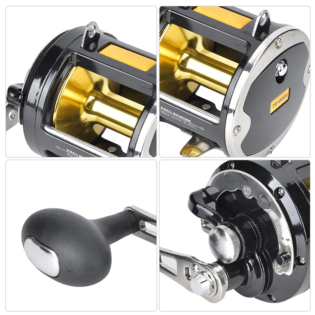 Vbestlife Tr12000 All Metal Trolling Fishing Reel, High-Strength Bearings, Strong Body, Farther Throwing Distance, Carbon Fiber Brake Washer, Black, Ambidextrous, 55 Pounds Drag