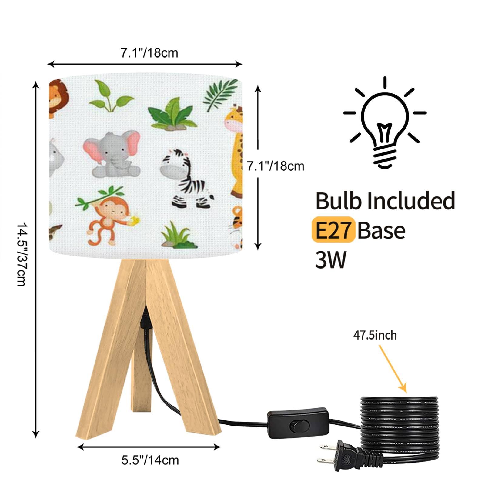 Umibuds Dqwijakx91 Tripod Table Lamp Jungle Animal Set Modern Bedside Dimmable Desk Lamp Wooden Base Fabric Lampshade For Kids Room, Nursery, Bedroom, Living Room