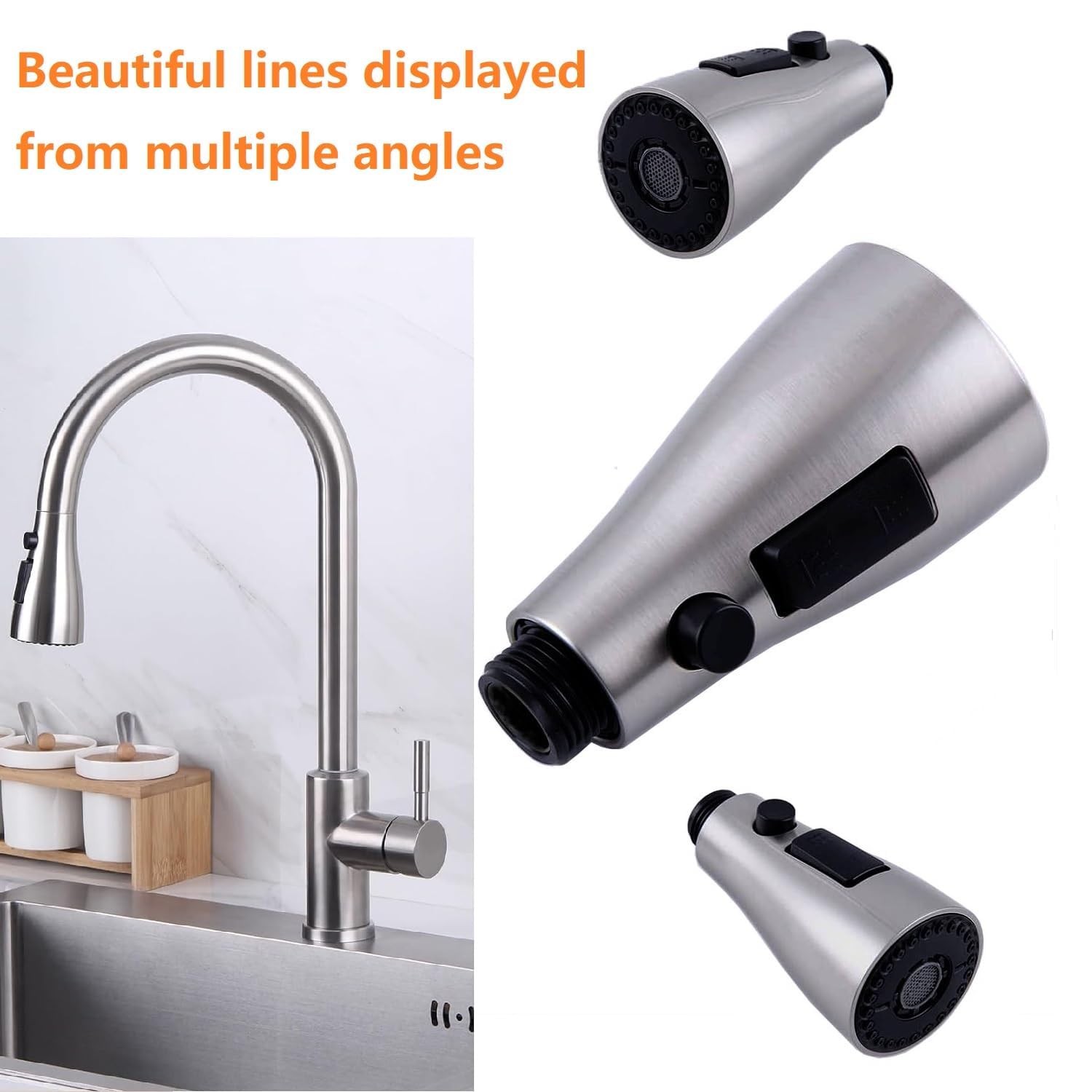 Fat-Cattie Pull Down Kitchen Faucet Sprayer Head Replacement Part - Pull Out Sink Sprayer Replacement Nozzle, Kitchen Faucet Head Hose Spray Tap Spout Only For G1/2(20Mm) Connector (Brushed Nickel)