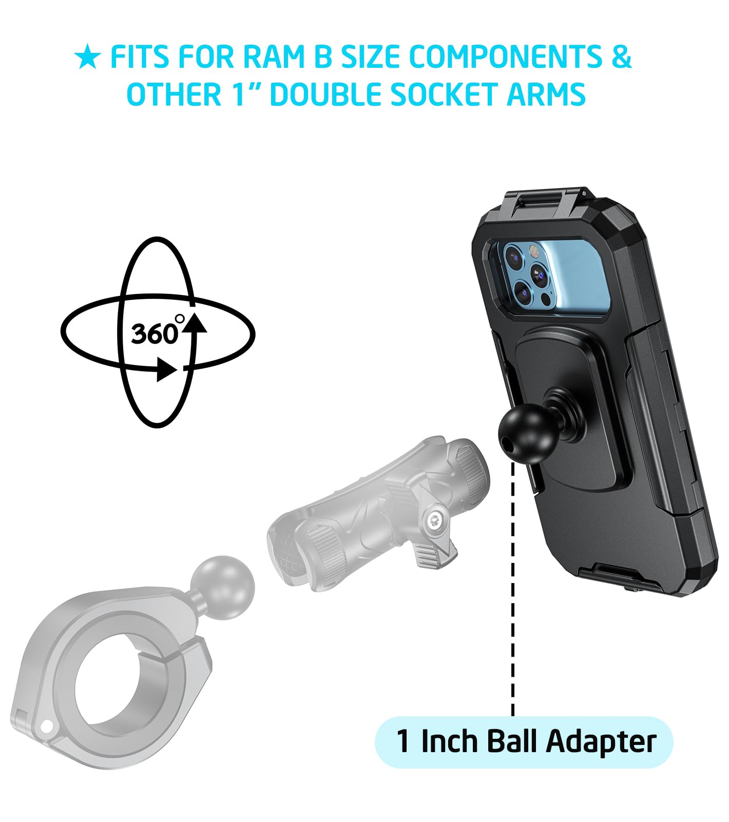 Imestou Ip66 Waterproof Bike Phone Holder With 1" Ball Head Suitable For Ram B Size Components/ 1" Double Socket Arms, Fits For 3.5"-6.1" Cellphones With Max. Thickness 0.43" (Size S)