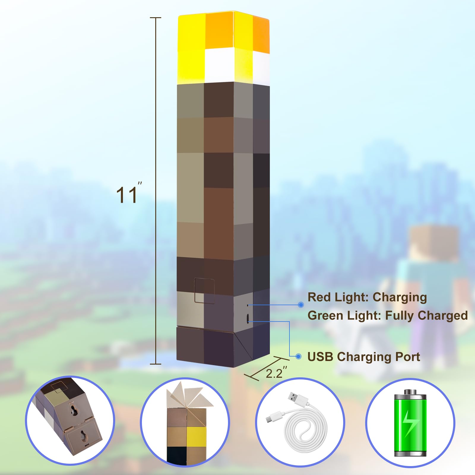 Reoyedea Pixels Brownstone Torch Light For Mounts To The Wall Or Hand Held Usb Rechargeable  Slow Fade Function 11-Inch Led Torch Room Decoration Perfect For Gamers Costume Cosplay Role Play