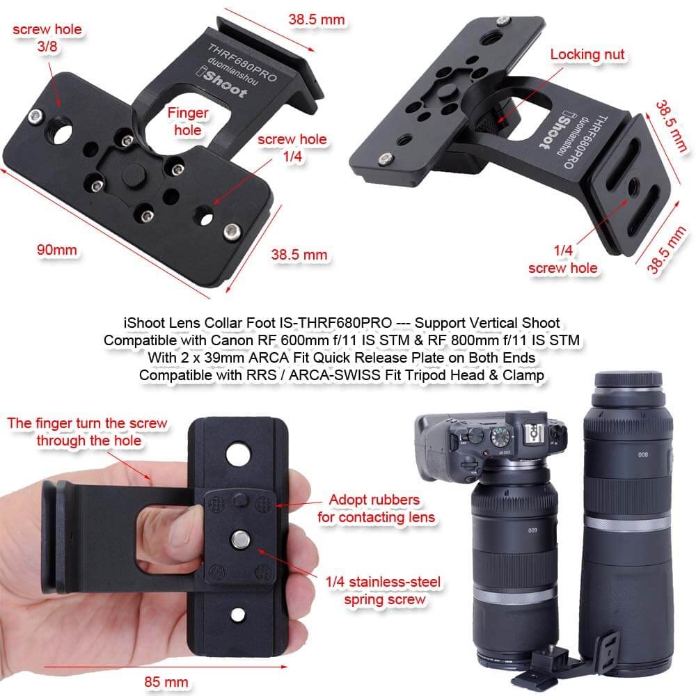 Ishoot Lens Collar Foot Stand Tripod Mount Ring Base Compatible With Canon Rf 600Mm F/11 Is Stm & Rf 800Mm F/11 Is Stm, Support Vertical Shoot, With 2 X Arca-Swiss Fit Quick Release Plate Dovetail