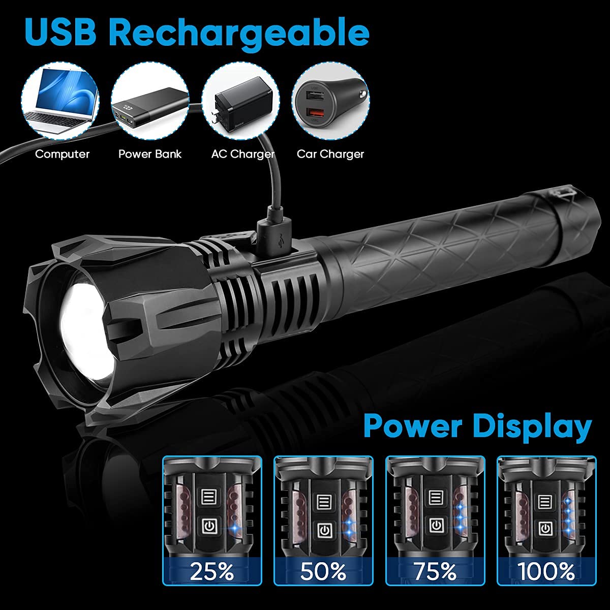 T6 Rechargeable Flashlights - 5 Modes Super Bright Flash Light For Camping Outdoor Emergency Home, 100000 Lumen High Power Led Torch Light Handheld Ipx65 Waterproof Tactical Flashlight Adjustable Zoom