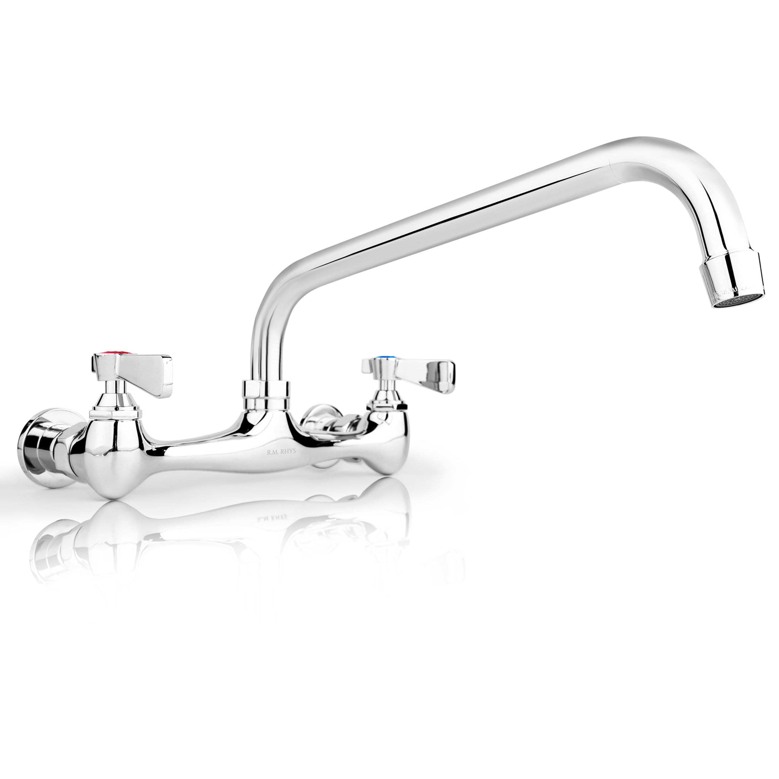R.M. Rhys Stainless Steel Kitchen Faucet – 8" Center, 12" Spout - Solid Brass Commercial Wall Mount Faucet - Dual Levers & Polished Chrome Finish - Utility Sink Faucet For Commercial & Home Use