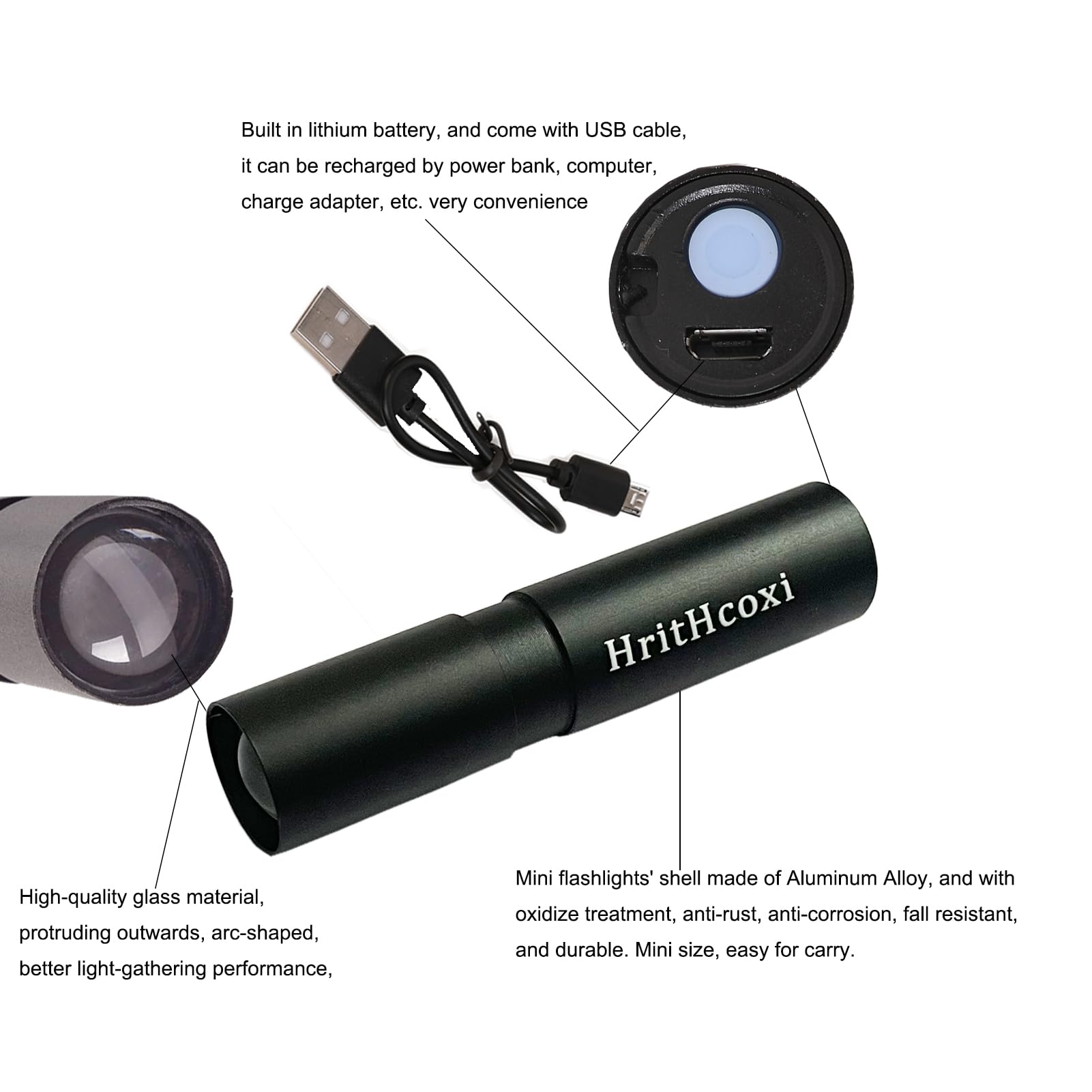 Hrithcoxi Rechargeable Mini Led Flashlights, 6Pcs High Brightness Flash Light With Lithium Battery 3 Mode Xpe 1200 Lumen Waterproof Zoomable Torch With Usb Cable For Camping, Hiking, Riding, Etc