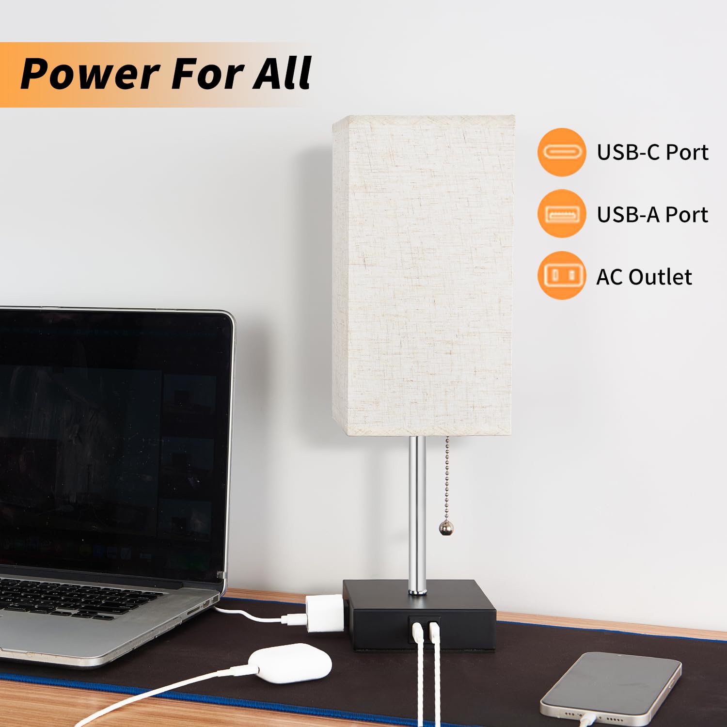 Woderdeng 3-Color Table Lamp For Bedrooms, Bedside Lamps With Usb C+A Ports And Ac Outlet, 2700/3500/5000K Pull Chain Nightstand Lamp,Desk Lamps For Home Office,Living Room