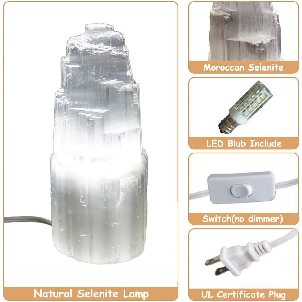 Jic Gem Natural Selenite Lamp 8" White Selenite Crystal Rock Lamps With Switch Cord And Bulb