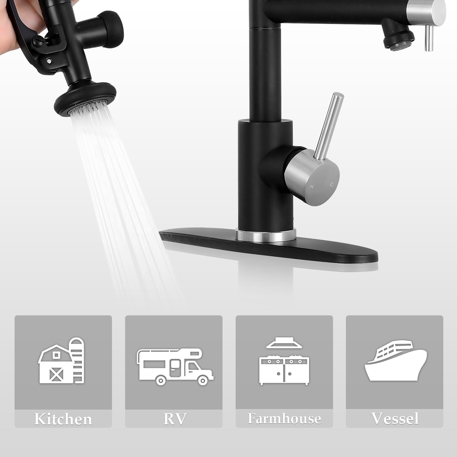Mutvka Mut Dual Spout Kitchen Faucet With Pull Down Sprayer, Single Handle High Arch Kitchen Sink Faucet Commercial Double Headed Stainless Steel Kitchen Faucets With Deck Plate Matte Black & Brushed Nickel