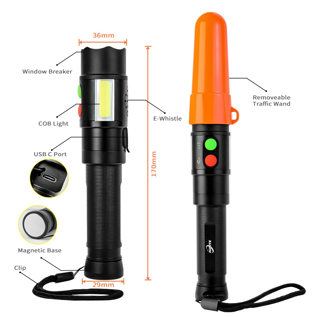 Aulite Electronic Whistle Wand Flashlight For Traffic,Training Usb C & Magnetic Rechargeable,Cob Light,Magnets Base